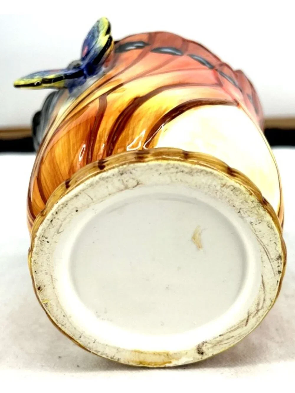 Butterfly Wings Vase Porcelain Majolica Orange Brown Blue Applied Butterfly 5.5